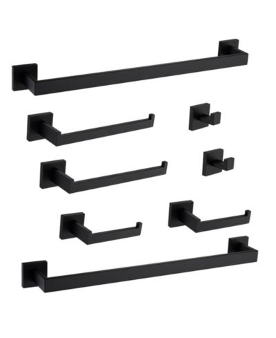 RAINSKEN 8 - Piece Bathroom Hardware Set, Stainless Steel Bath Towel Holder, Square Wall Mounted Towel Rack, Matte Black Towel Bar for Bathroom