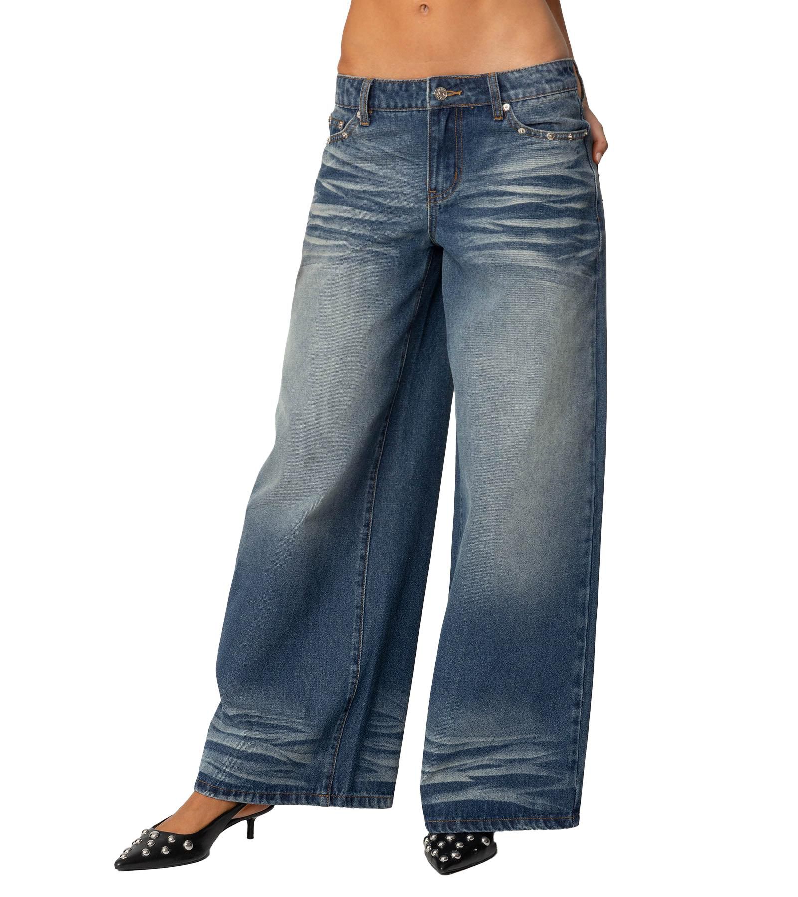 Edikted Women's Faux Leather Pocket Low Rise Baggy Jeans