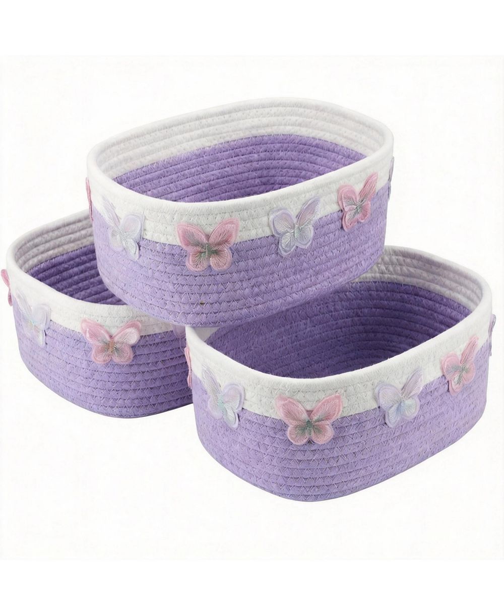 YIGII 3 Purple Butterfly Woven Cotton Baskets for Home Storage