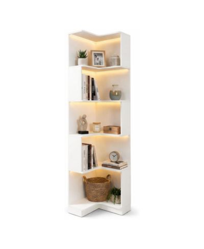 RAINSKEN 5 Tier Corner Bookshelf - L Shaped Open Display Shelf, Freestanding Storage Bookcase with LED Lights for Living Room, Bedroom