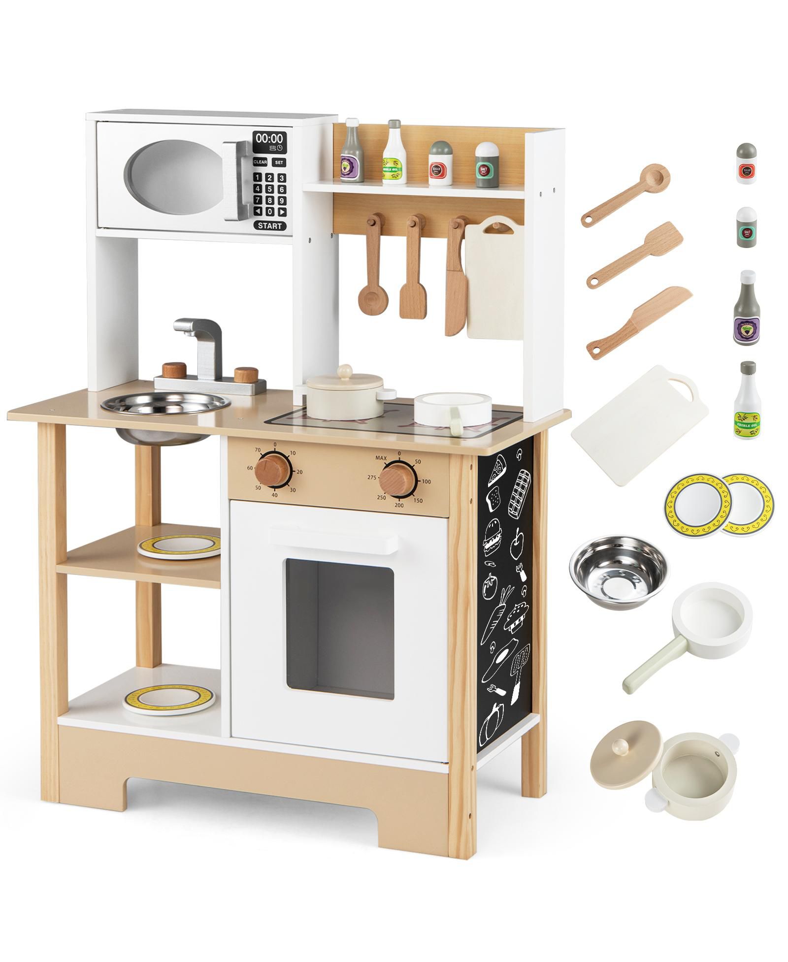 Деревянная игрушечная кухня Slickblue Pretend Play Wooden Kitchen с доской для рисования, подарок для детей