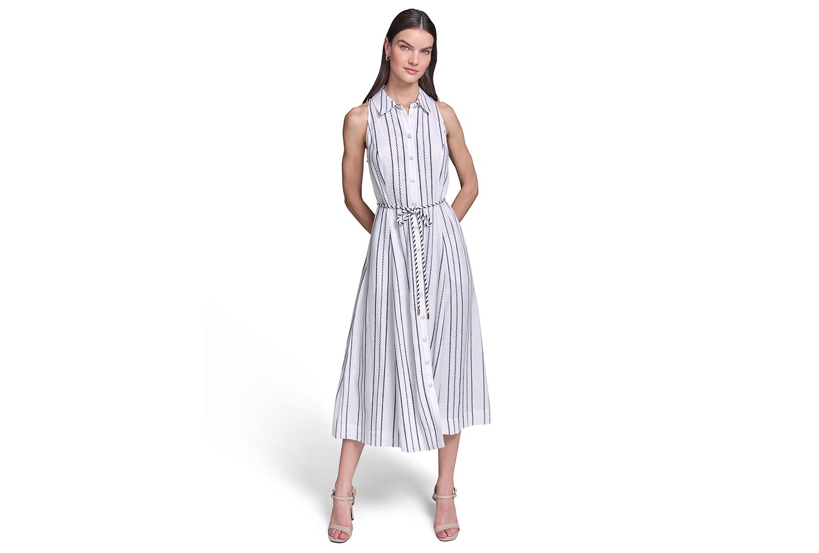 KARL LAGERFELD PARIS Women's Striped Rope Belt Midi Shirt-Dress