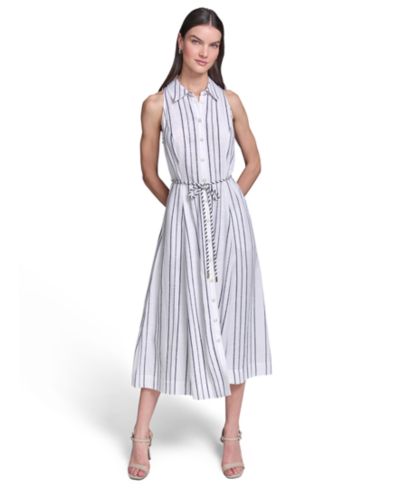 KARL LAGERFELD PARIS Women's Striped Rope Belt Midi Shirt-Dress