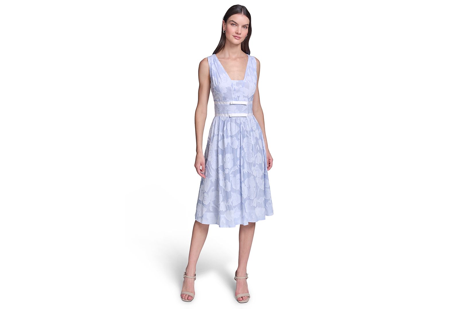 KARL LAGERFELD PARIS Women's Floral Burnout Cotton Midi with White Piping Dress