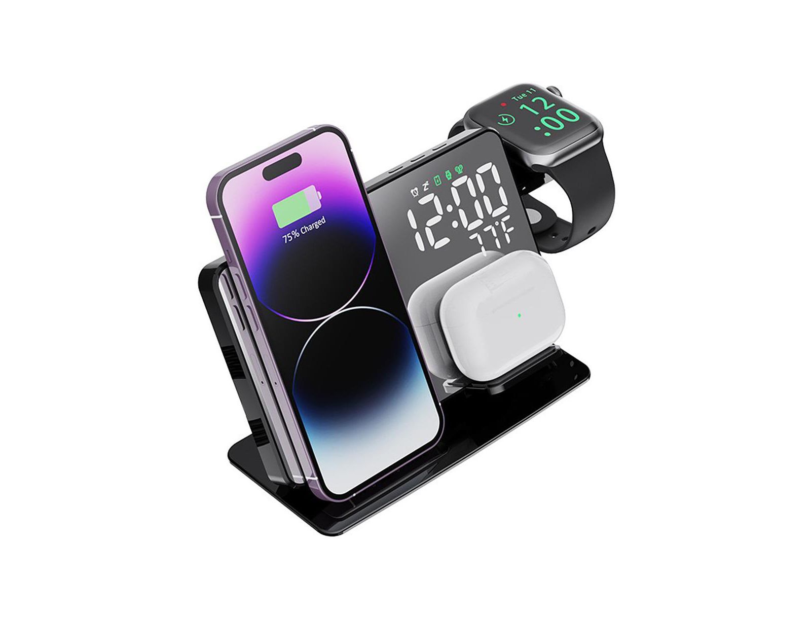 Artudatech 6-in-1 Wireless Charging Station with Clock and Temperature Display, Compatible with iPhone, Apple Watch, AirPods