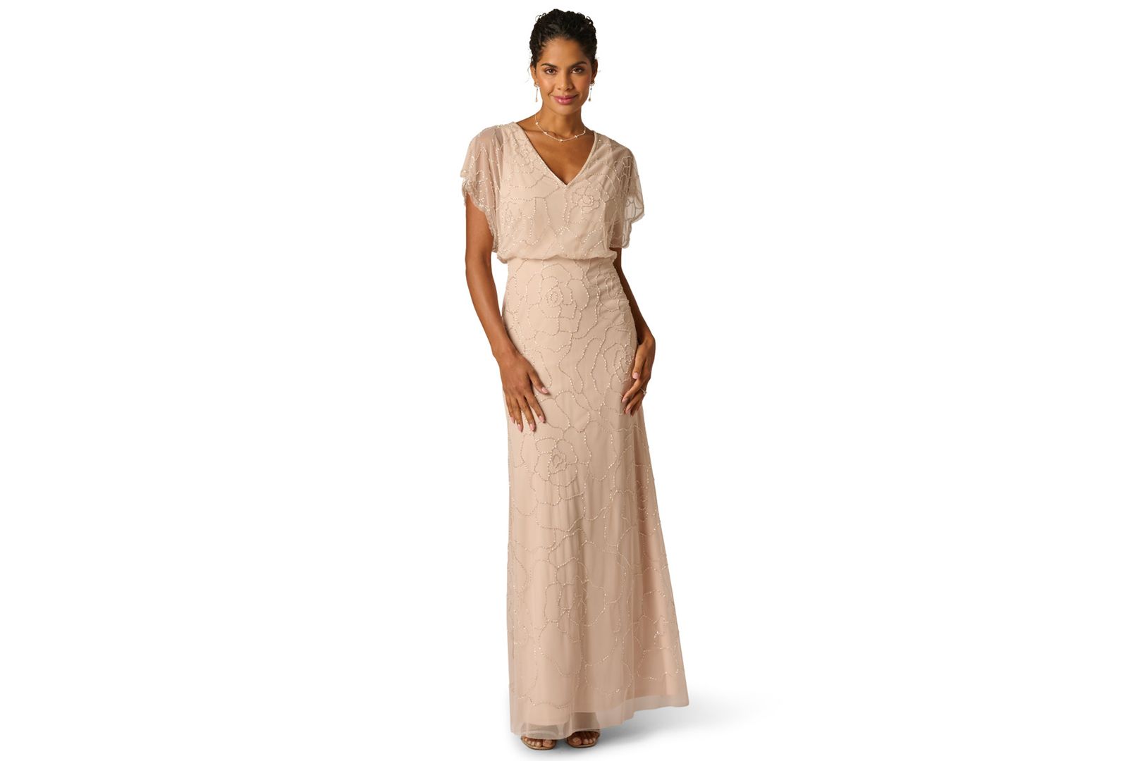 Adrianna Papell Women's Bead Blouson V-Neck Long Dress