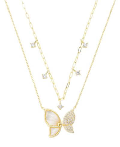 Unwritten Imitation Mother of Pearl and Cubic Zirconia Butterfly Pendant Duo Necklace Set