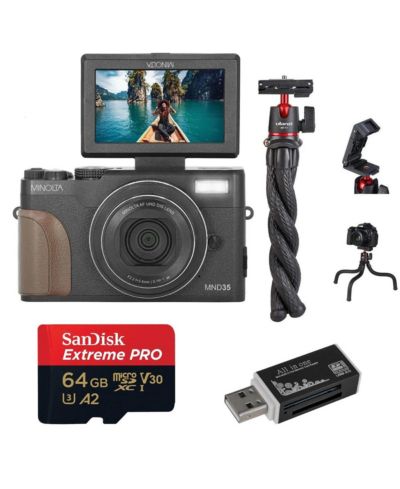 Minolta MND35 64MP 4K UHD Wi-Fi Digital Camera, Black, w/64GB Card and Tripod