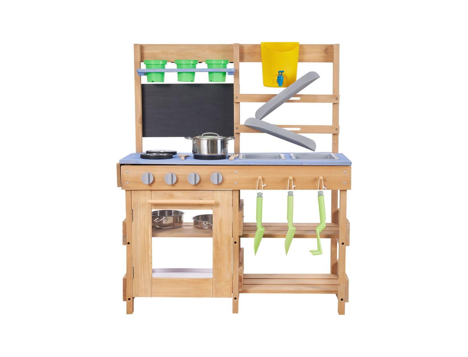 Slickblue Wooden Outdoor Mud Kitchen with Stoves, Hooks, and Cookware