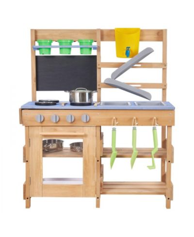 Slickblue Wooden Outdoor Mud Kitchen with Stoves, Hooks, and Cookware