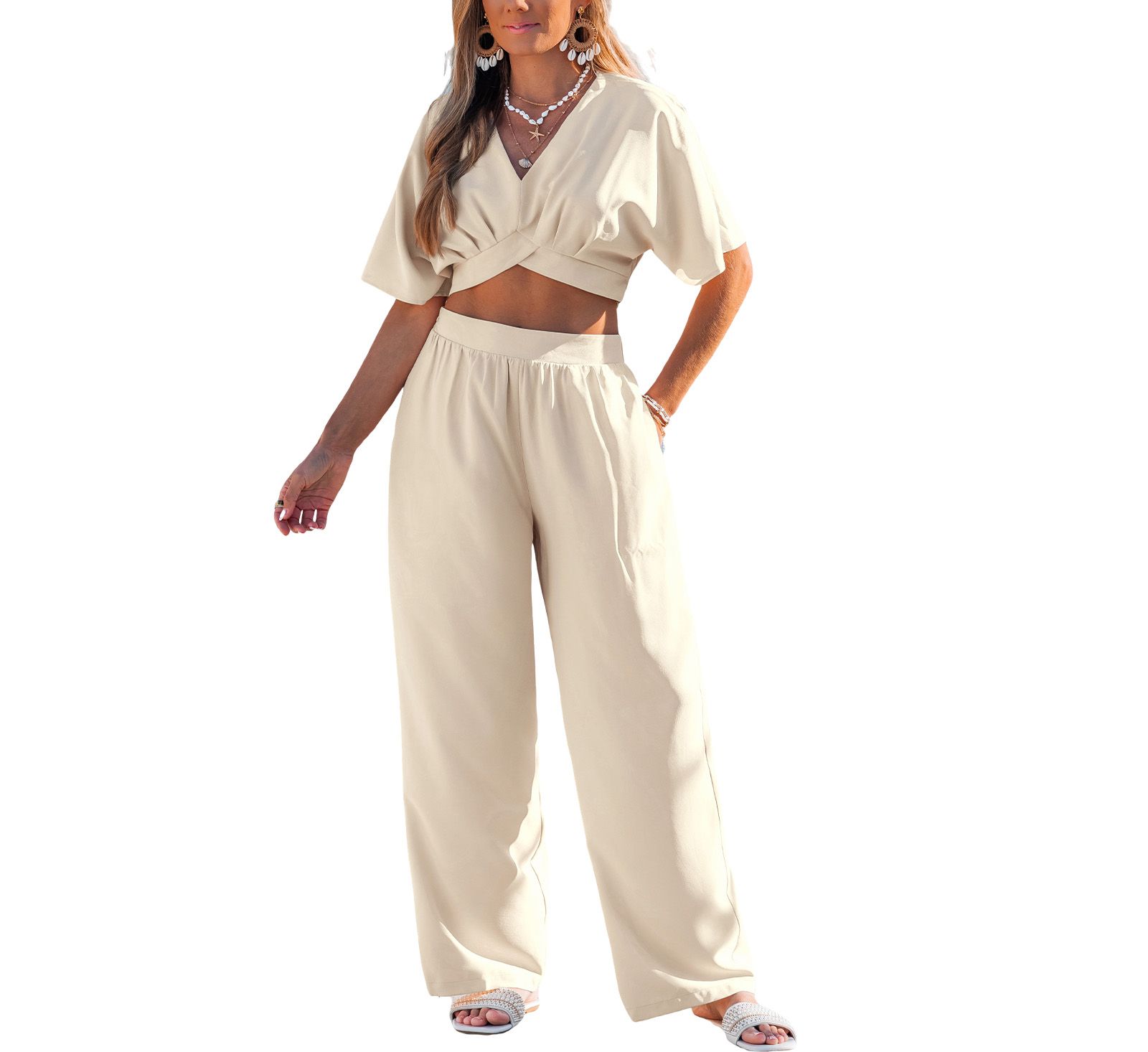 Cupshe Women's Short Sleeve Crop Top & Wide-Leg Pants Matching Set