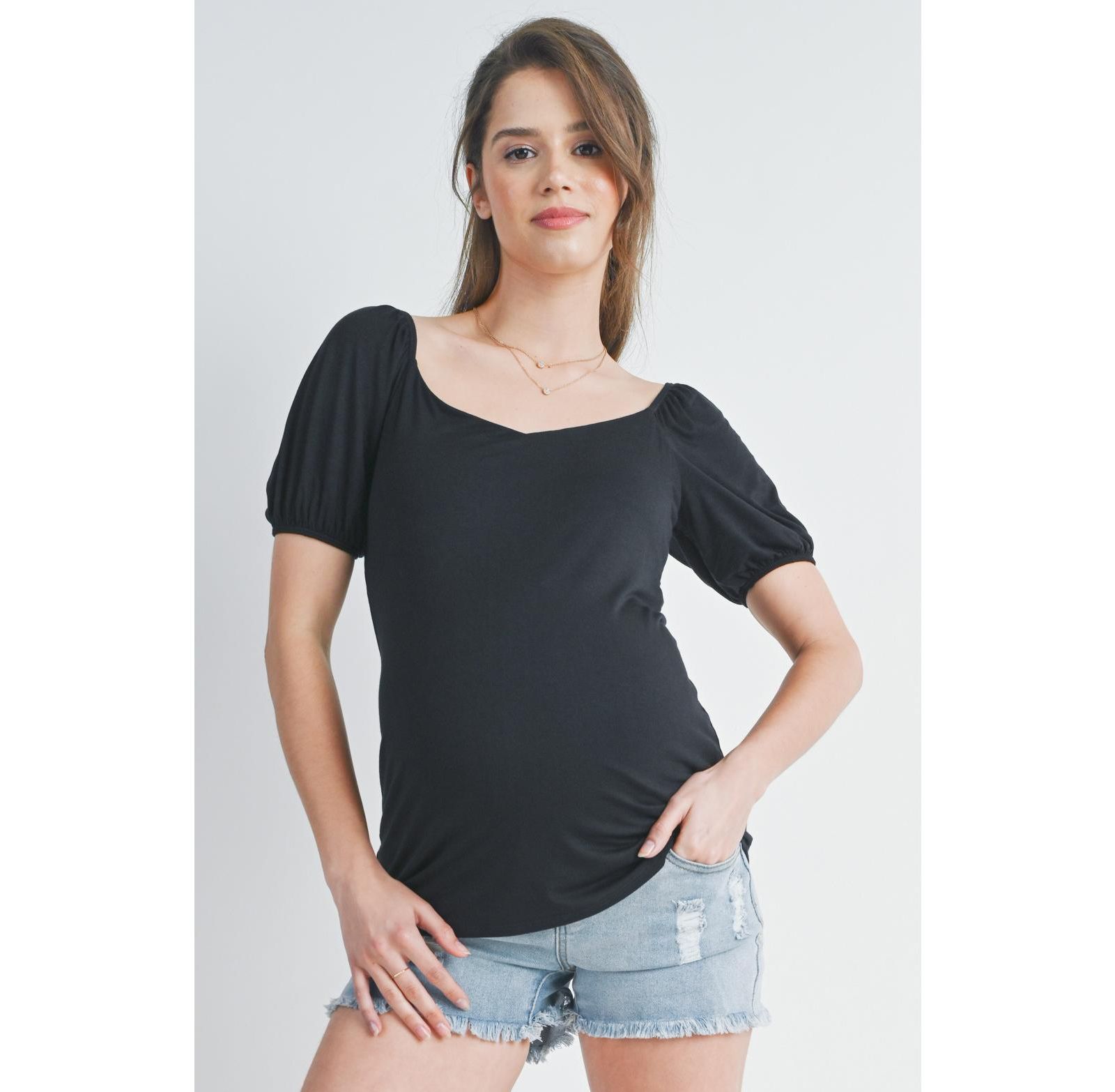 Hello Miz Maternity Short Sleeve Sweetheart Neck Puff Top