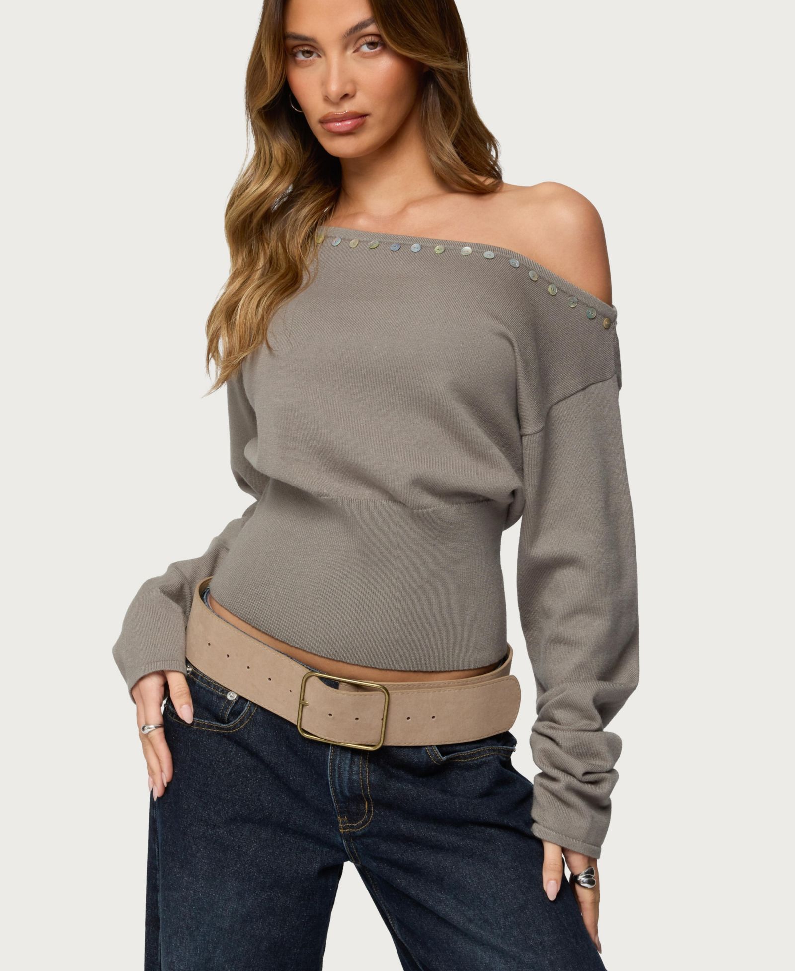 Edikted Women's Carmela Iridescent Button Off Shoulder Sweater