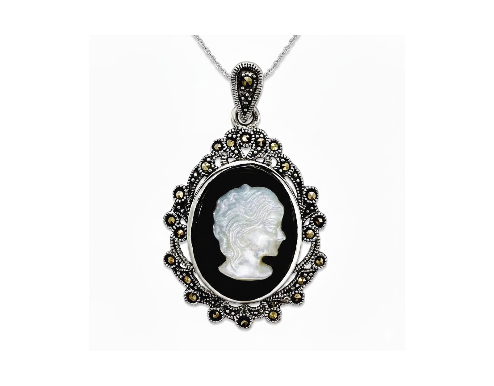 Подвеска-медальон Curata Jewelry 925 Sterling Silver Marcasite, Agate and Simulated Mother of Pearl Cameo