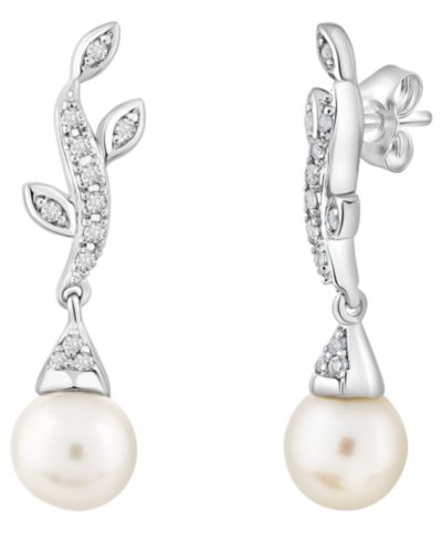Macy's Cultured Freshwater Pearl (7mm) & Lab Grown White Sapphire (5 ct. t.w.) Drop Earrings in Sterling Silver