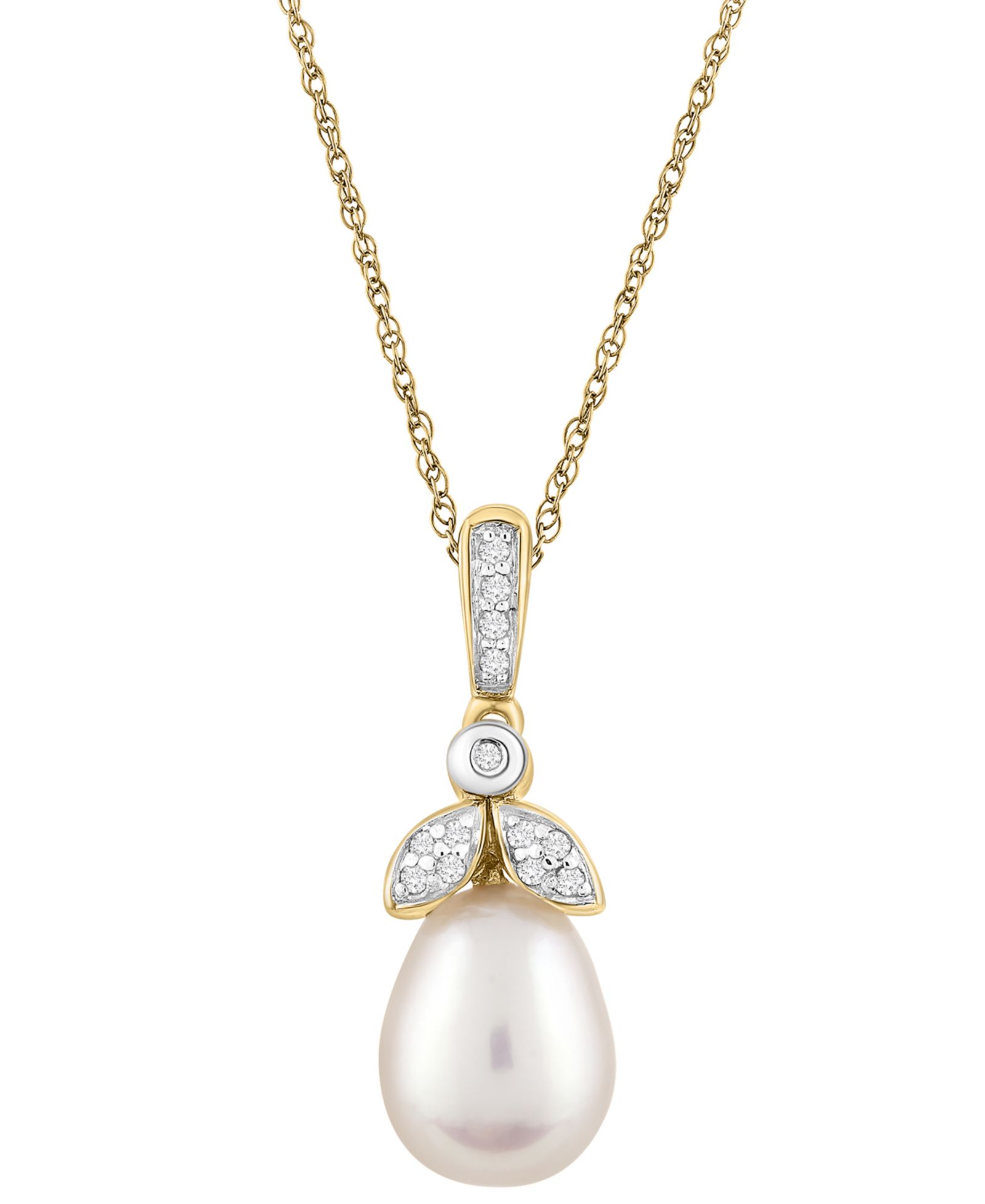 Macy's Cultured Freshwater Pearl (10x7mm) & White Diamond (1/20 ct. t.w.) Pendant Necklace in 10k Yellow Gold