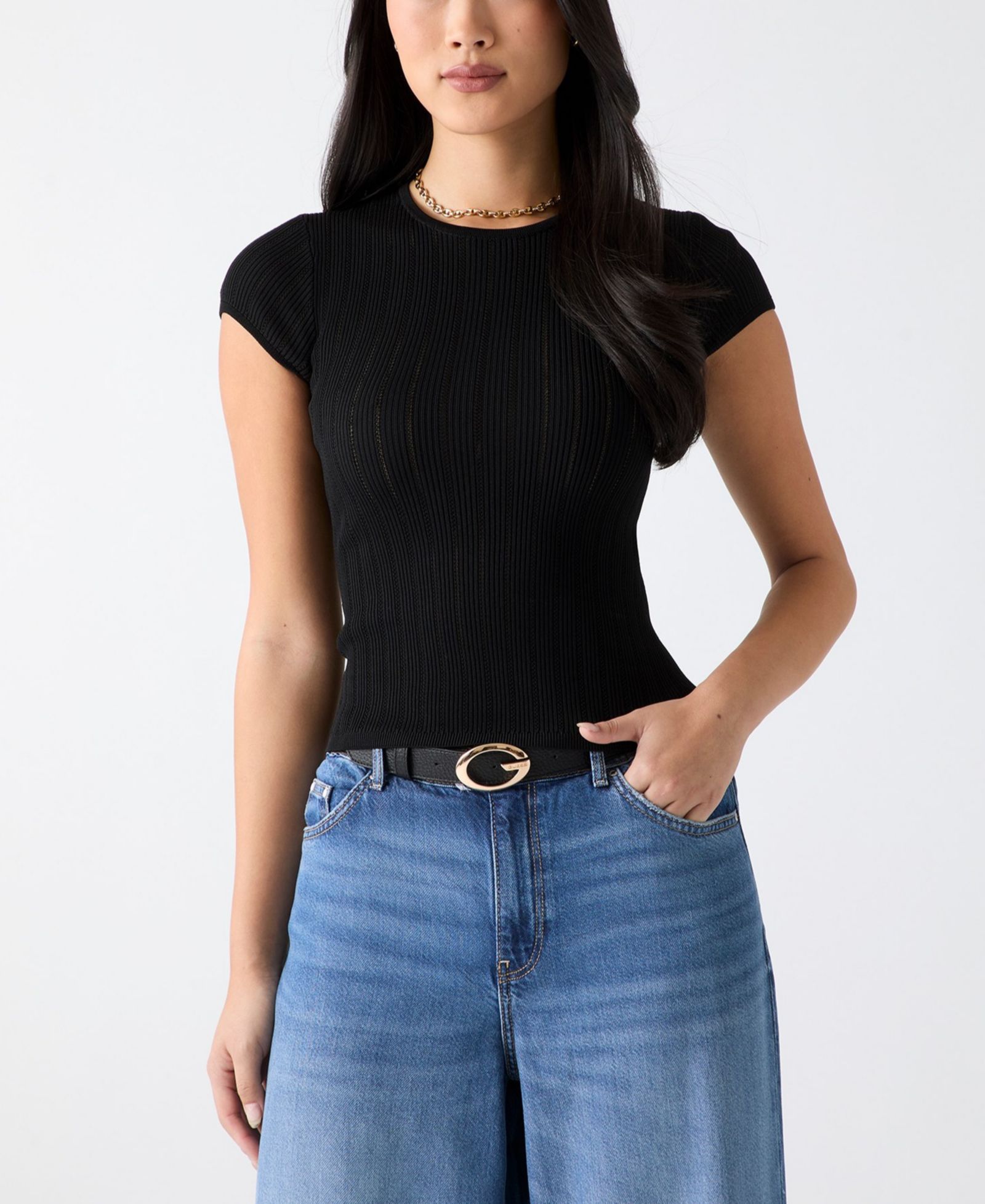 GUESS Women's Short-Sleeve Crew Neck Rib Pointelle Mix Kara Sweater