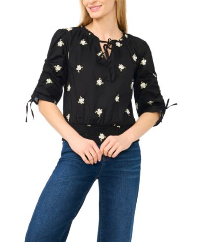 Женский топ CeCe Pearl Henley Embroidered Puff 3/4-Sleeve Cotton