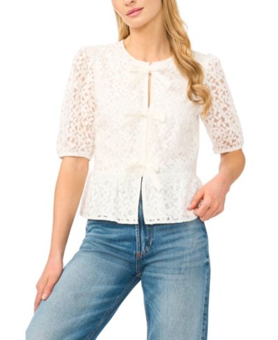 CeCe Women's Crewneck Lace 3/4 Sleeve Peplum Top