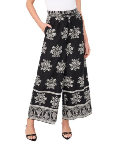 CeCe Women's Printed Wide-Leg Pull-On Cotton Pants