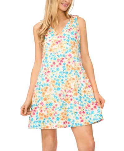 CeCe Women's Linen-Blend V-Neck Floral Linen Mini Dress