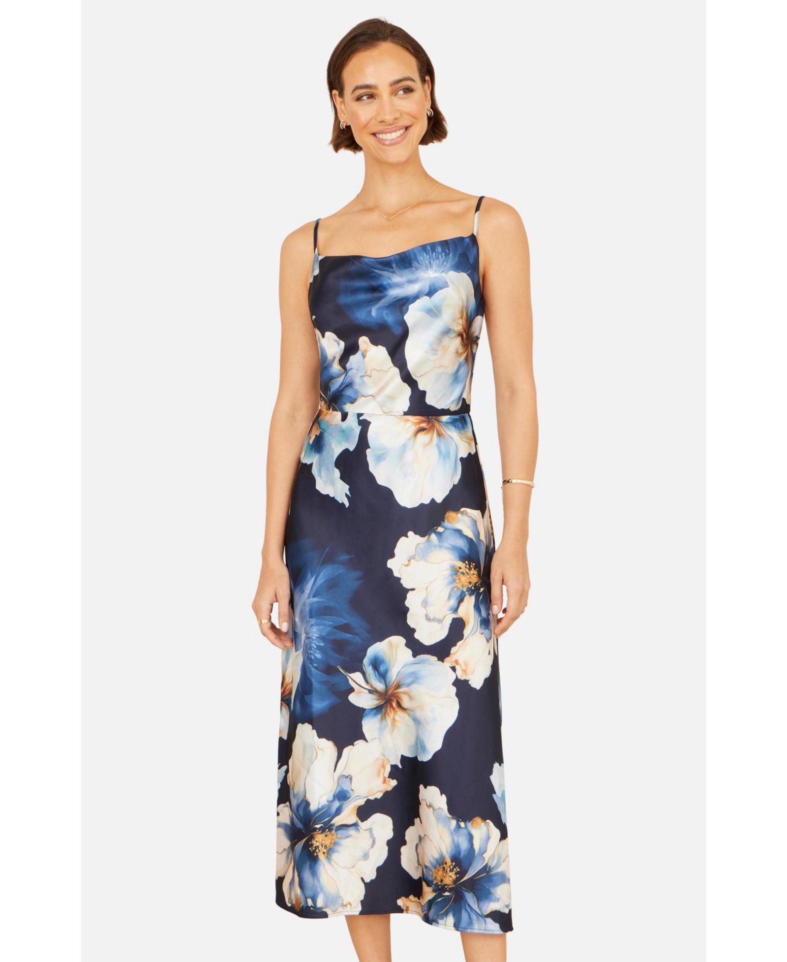 Yumi Women's Cowl Neck Satin Floral Dress