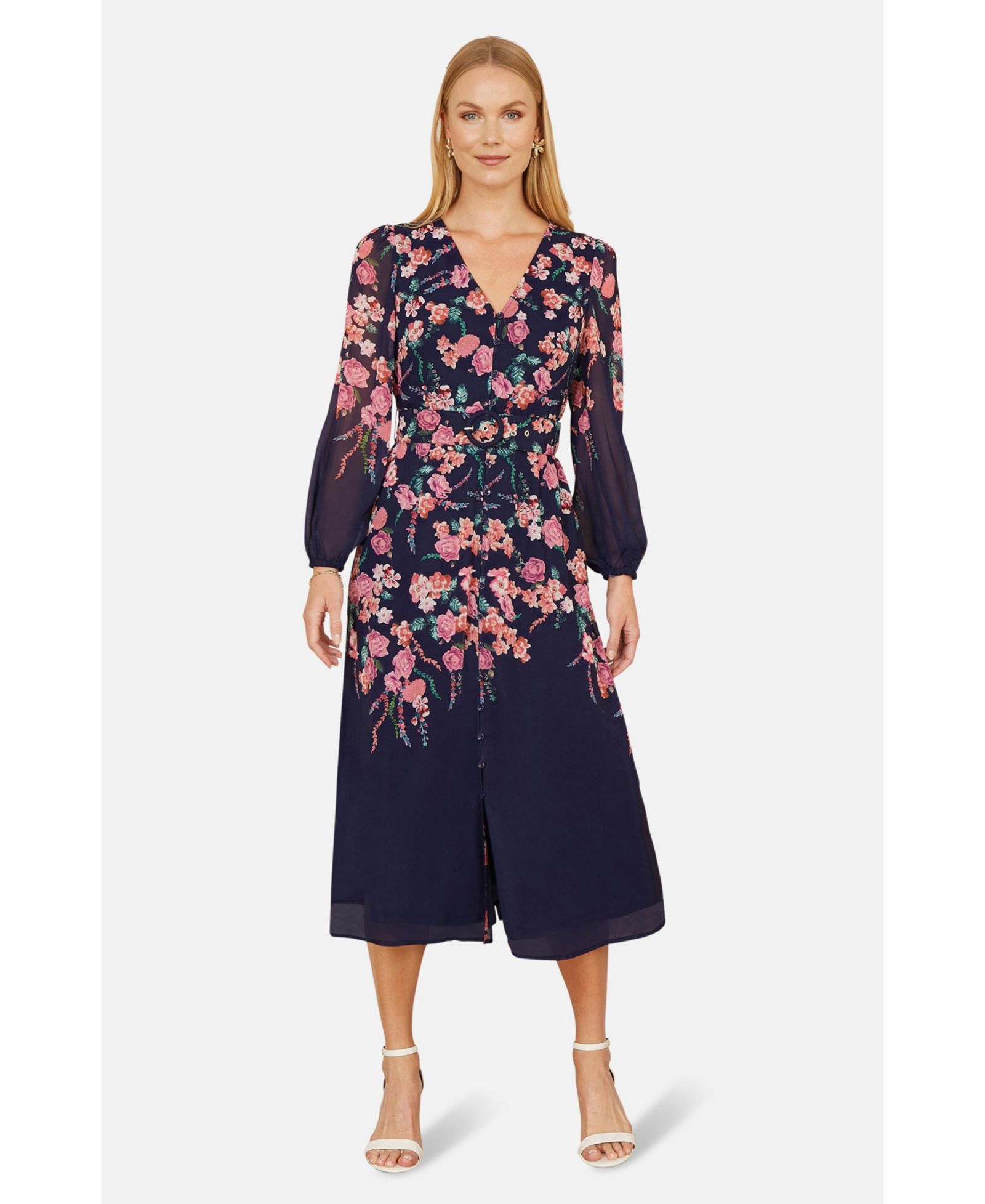 Yumi Women's Belted Floral Midi Dress