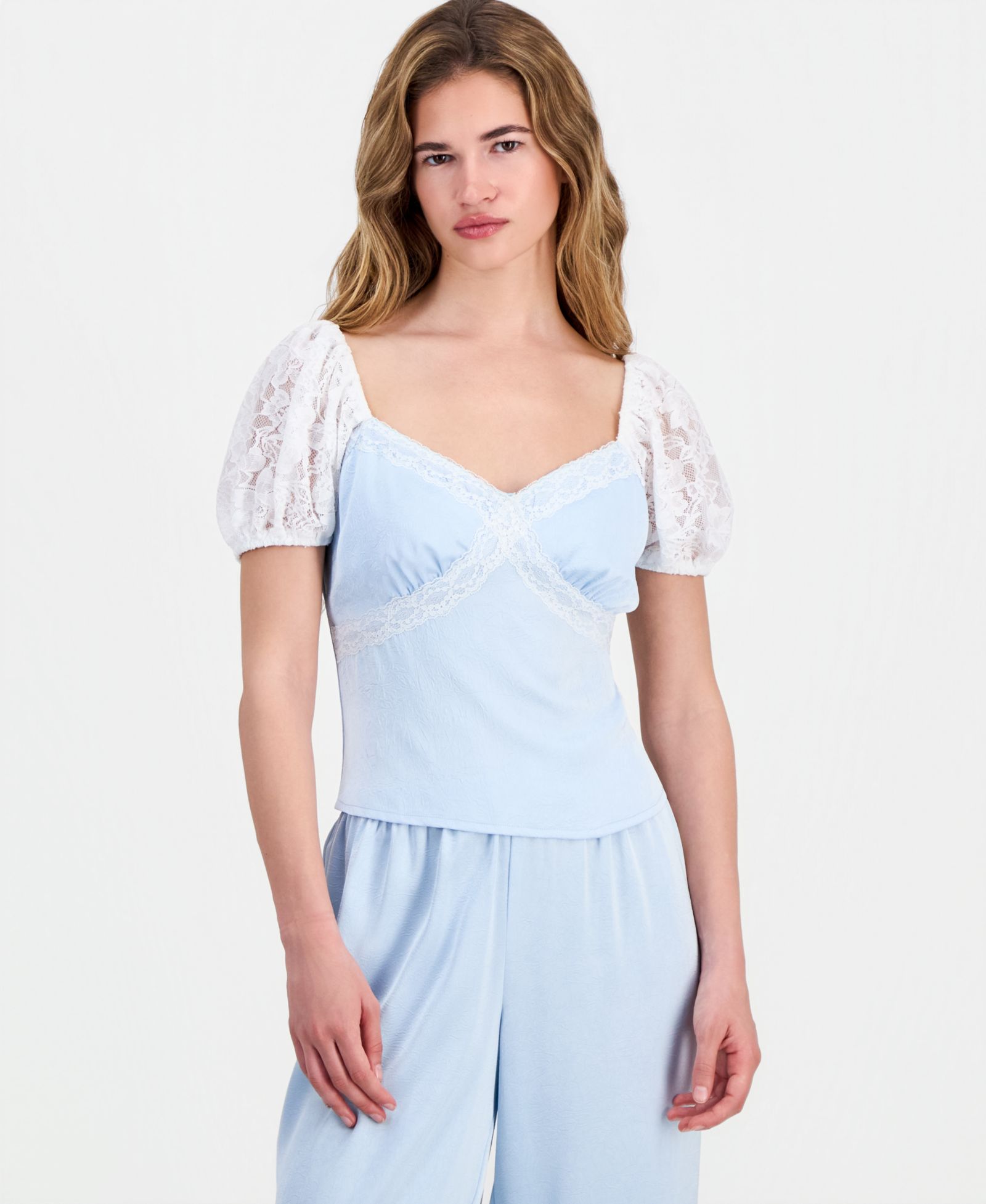 And Now This Petite Satin Lace Puff-Sleeve Top, Macy's Exclusive