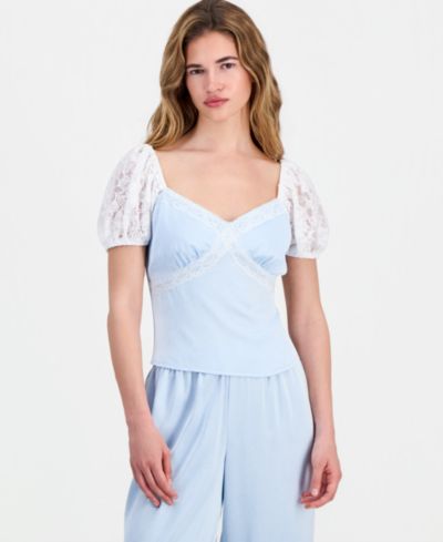 Женский топ And Now This Petite Satin Lace Puff-Sleeve