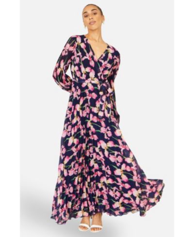 Yumi Women's Orchid Floral Pleated Wrap Maxi Dress
