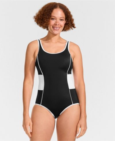 Lands' End Women's Long Torso Tugless Scoop Neck Colorblock Low Leg One Piece