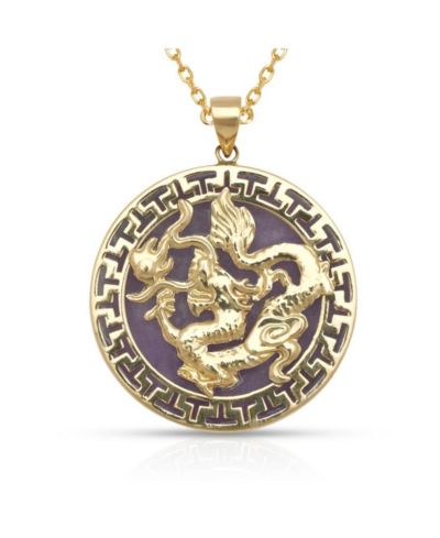 Curata Jewelry Onyx And Dyed Jade Dragon Greek Key Circle Pendant Necklace, 14K Gold