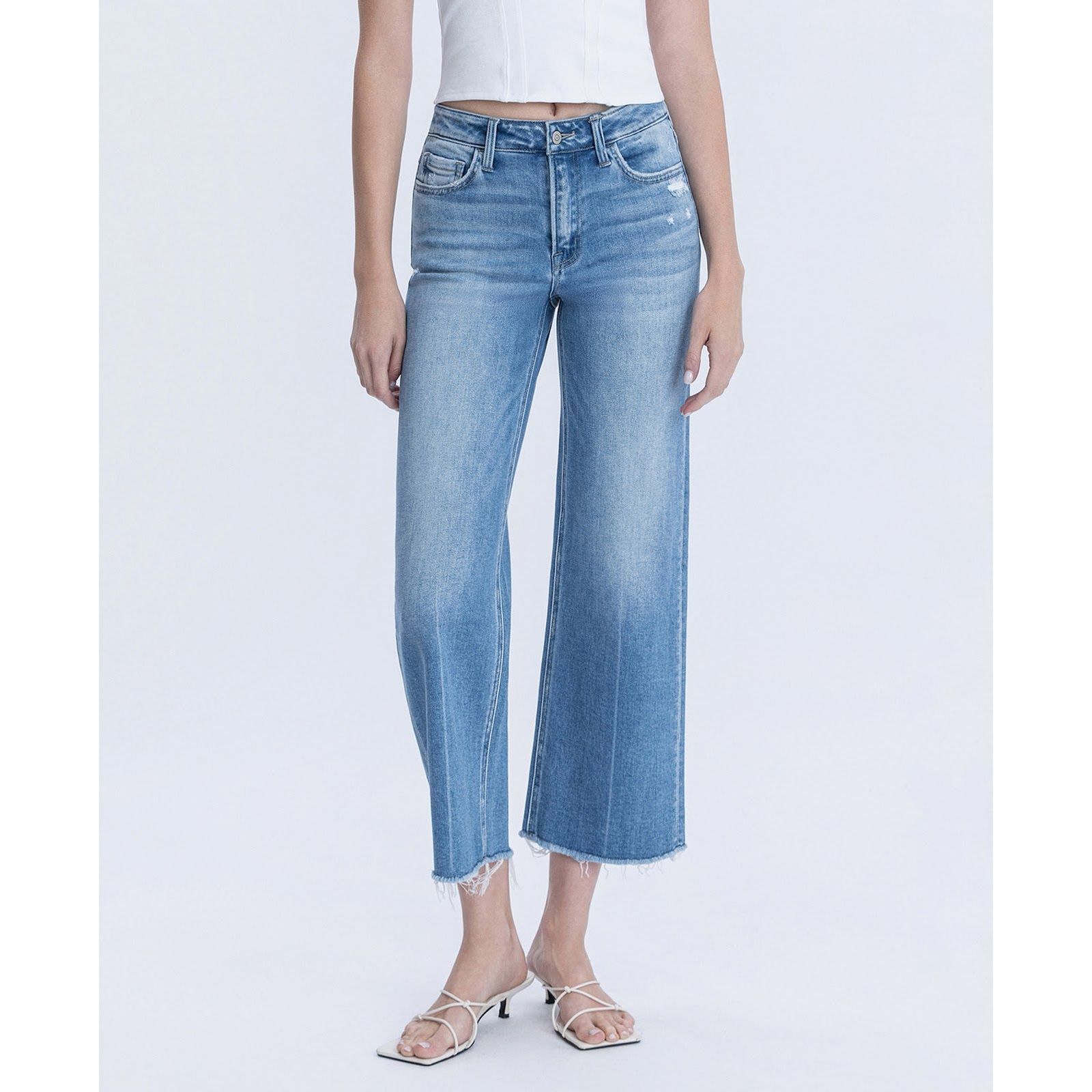 Flying Monkey Women's High Rise Raw Hem Crop Slim Wide Leg Jeans
