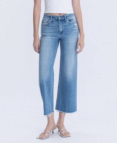 Flying Monkey Women's High Rise Raw Hem Crop Slim Wide Leg Jeans