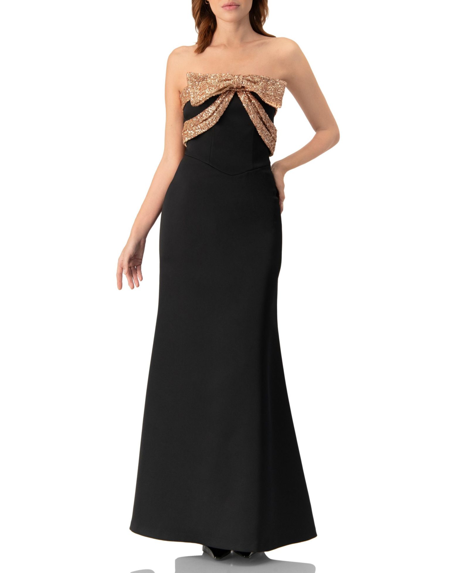 Ivonne Women's Long Strapless Dress with Sequin Bow