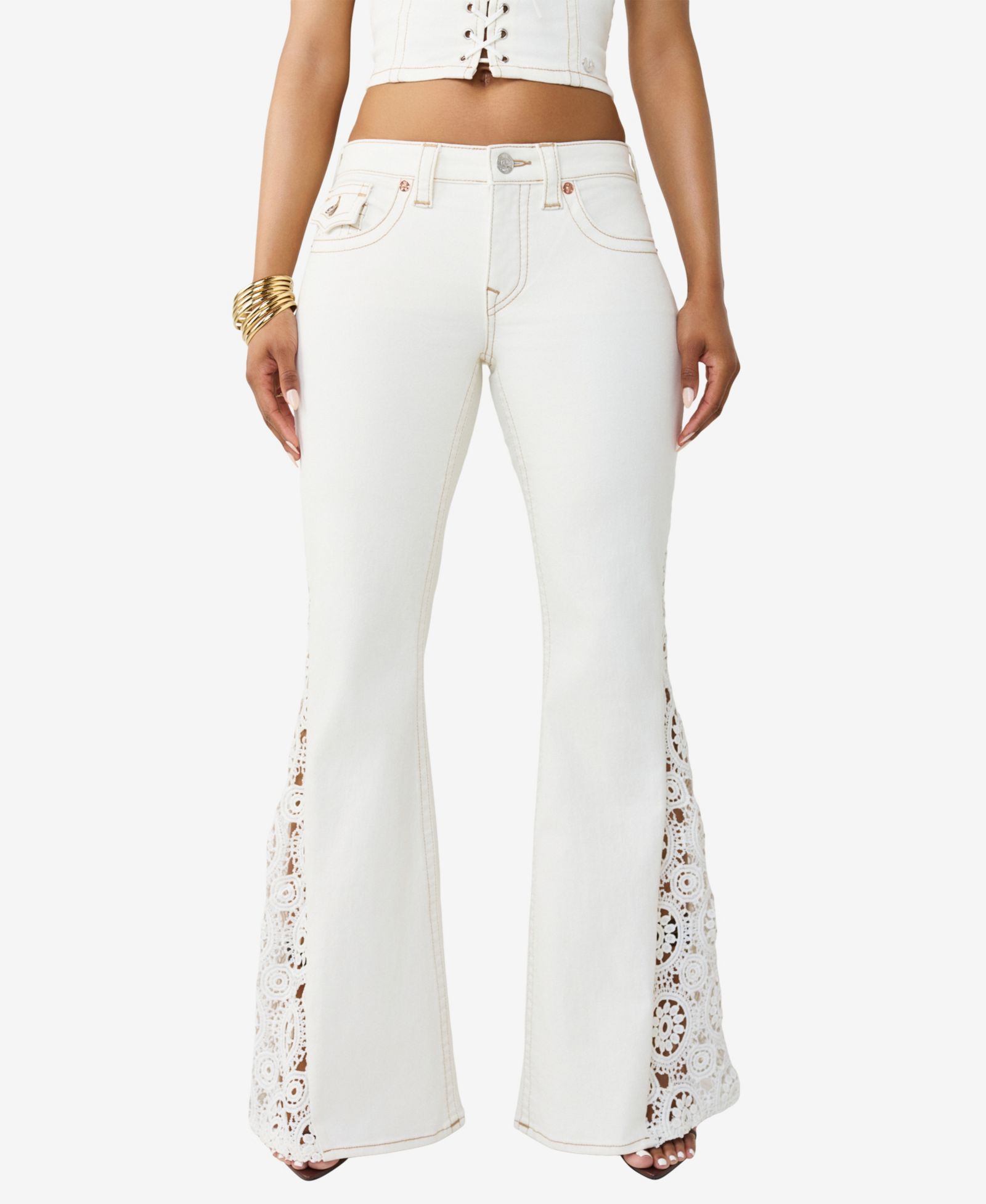True Religion Women's Crochet Mid-Rise Flare-Flap Jeans