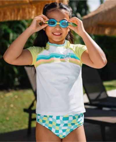 Lands' End Girls Chlorine Resistant Short Sleeve Rash Guard 3 Piece Swimsuit Set