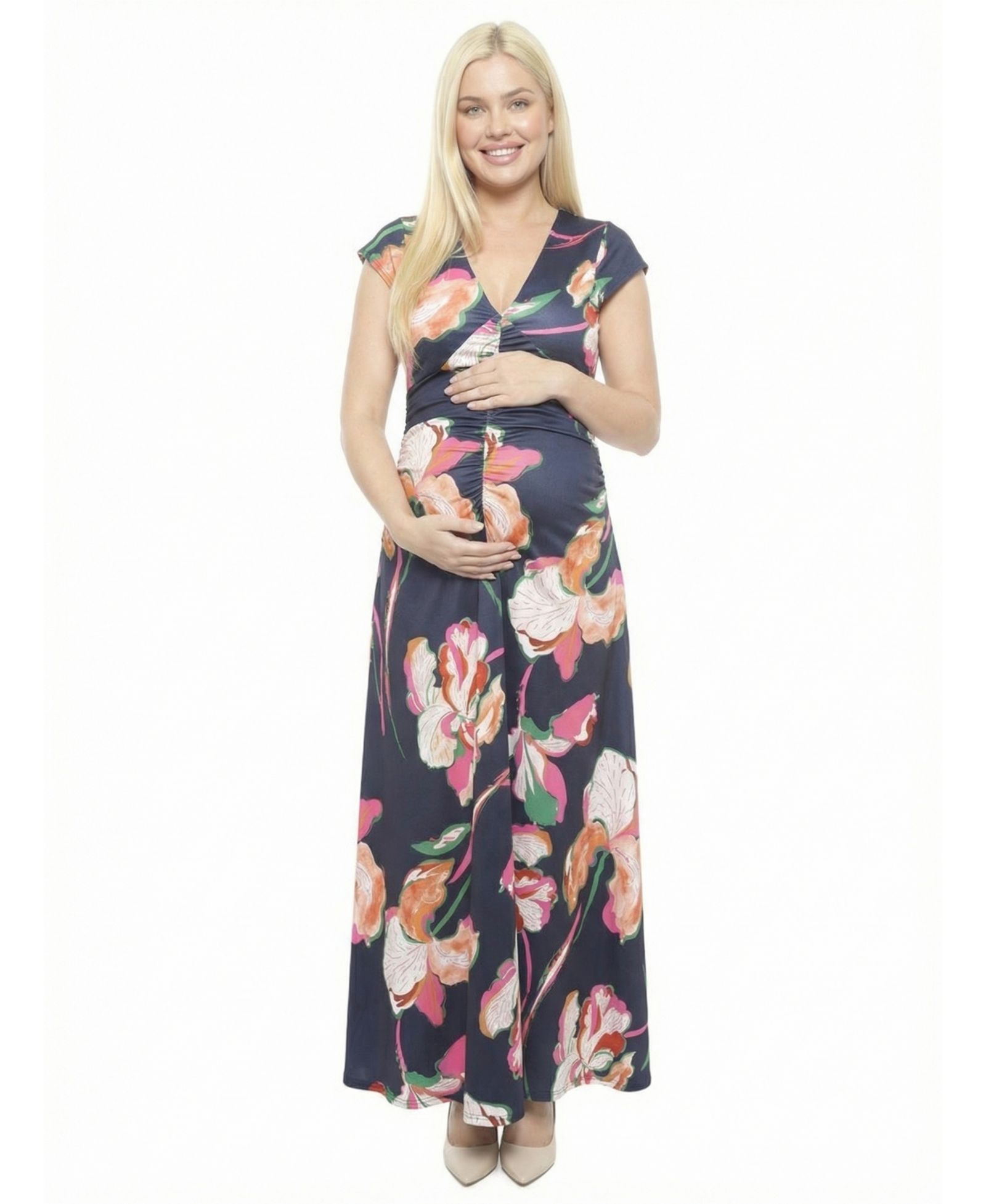 24seven Comfort Apparel Women's and Plus Size Maternity V-Neck Maxi Dress