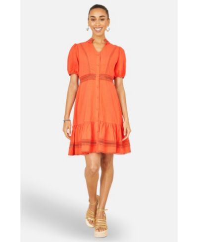 Yumi Women's Cotton Lace Trim Skater Shirt Dress