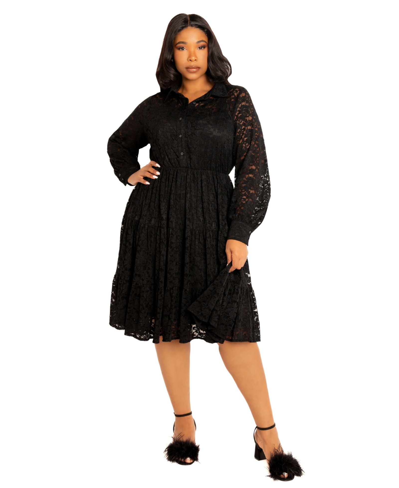 Платье-рубашка Buxom Couture Women's Plus Size Lace Long Sleeve Tiered