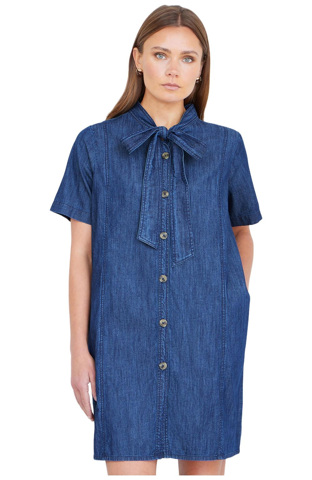Yumi Women's Chambray Tunic With Bow Tie