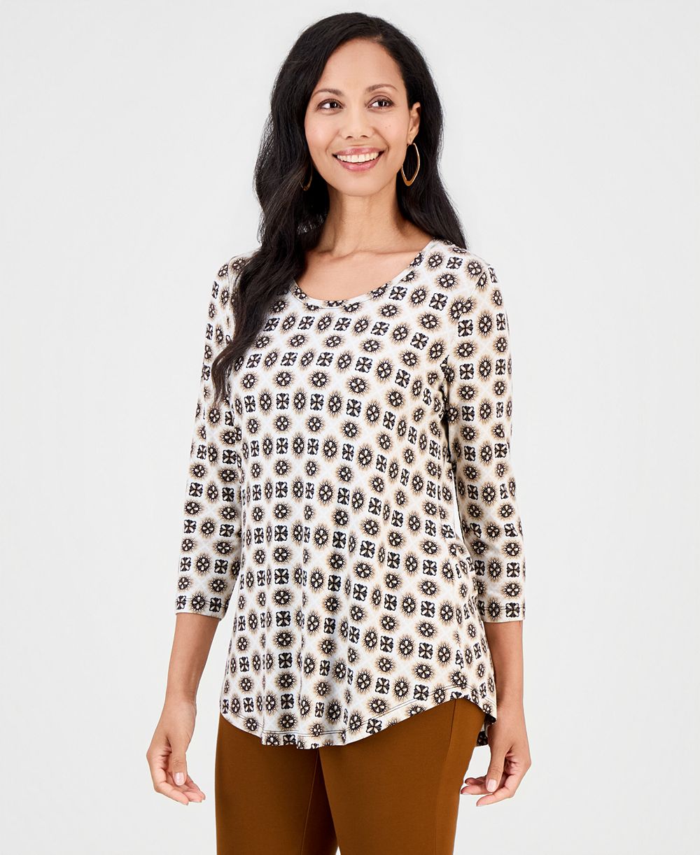 JM Collection Women's Printed Scoop-Neck 3/4-Sleeve Top, Macy's Exclusive