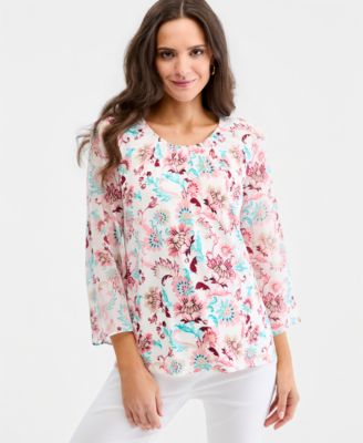 JM Collection Women's Printed Chiffon-Sleeve Gathered-Neck Top, Macy's Exclusive