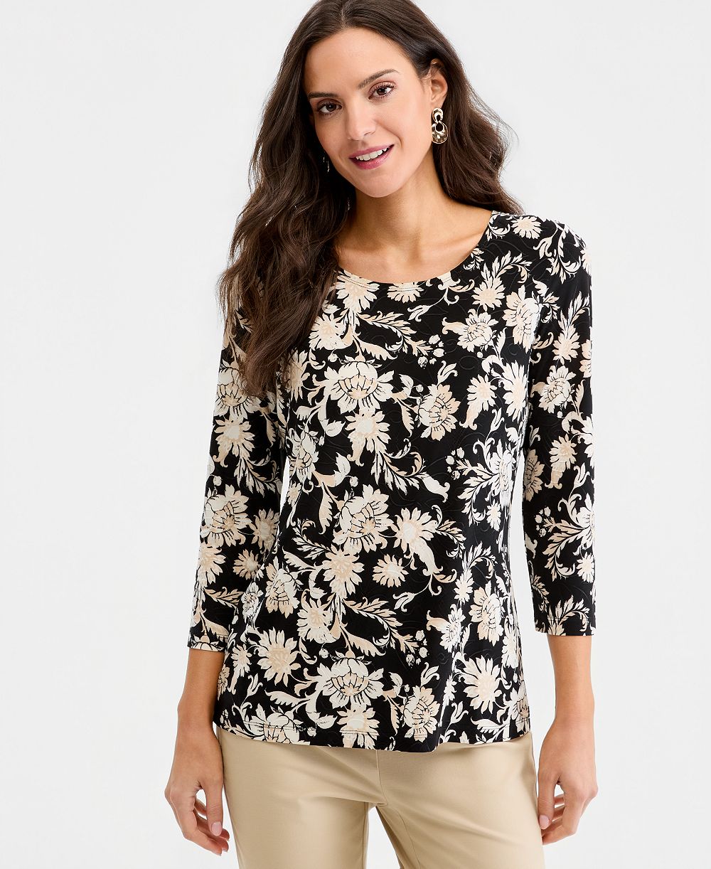 Женский топ JM Collection Printed 3/4 Sleeve Scoop-Neck Jacquard