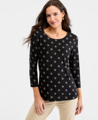 JM Collection Women's Printed 3/4 Sleeve Scoop-Neck Jacquard Top, Macy's Exclusive