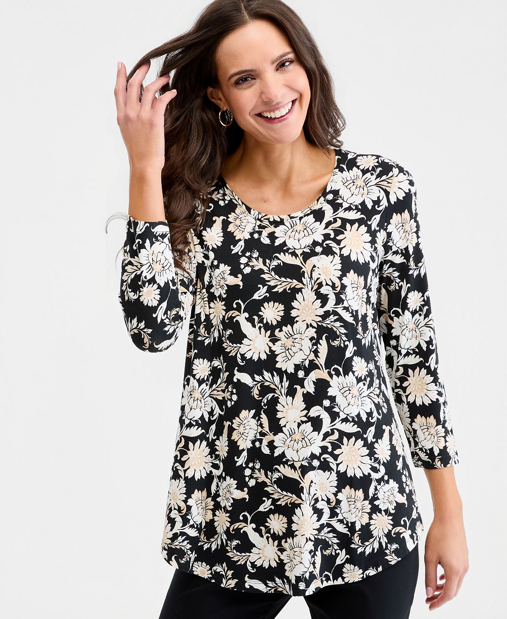 JM Collection Petite Printed Scoop-Neck 3/4-Sleeve Top, Macy's Exclusive