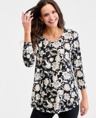 JM Collection Petite Printed Scoop-Neck 3/4-Sleeve Top, Macy's Exclusive