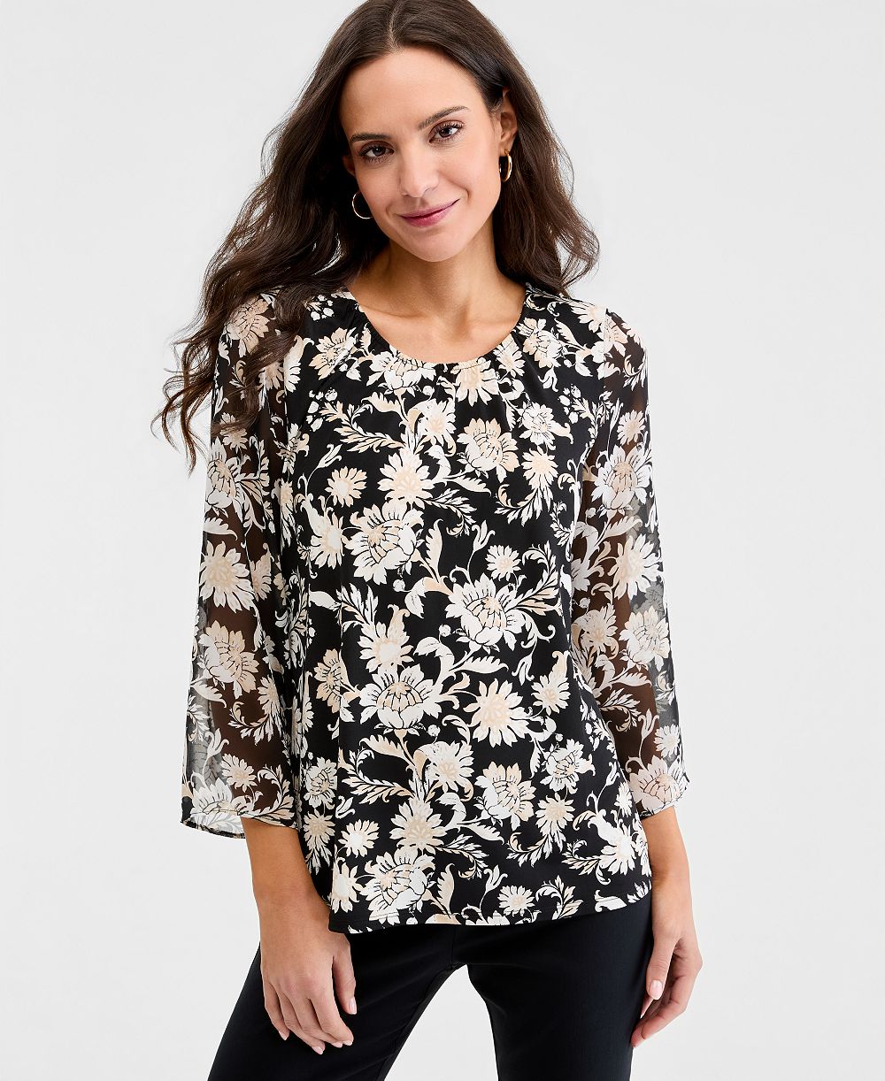 Шифоновая блузка JM Collection Petite Bold Floral Scroll с рукавом 3/4
