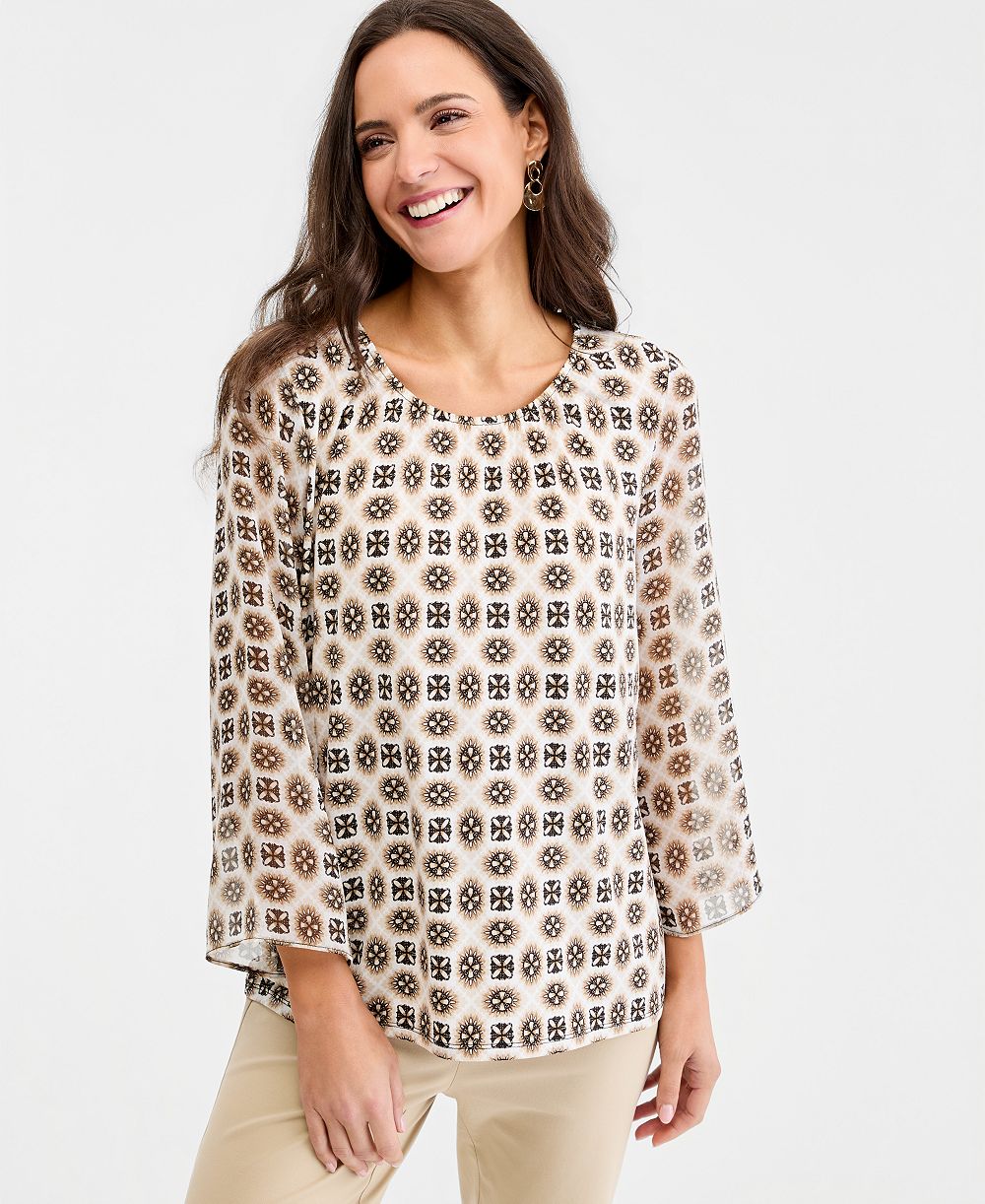 Блузка JM Collection Petite Printed Chiffon-Sleeve Gathered-Neck Top, Macy's Exclusive с шифоновыми рукавами и сборкой на шее, с принтом