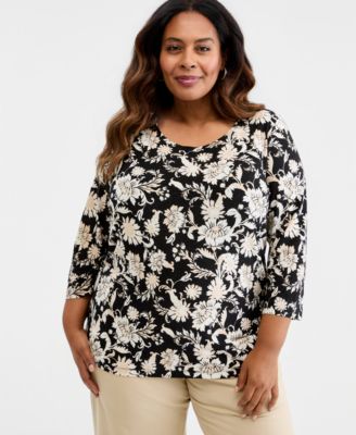 JM Collection Plus Size Bold Floral Scroll 3/4-Sleeve Jacquard Top, Macy's Exclusive